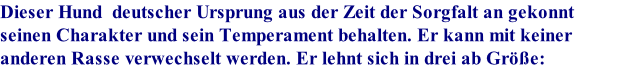 Dieser Hund  deutscher Ursprung aus der Zeit der Sorgfalt an gekonnt seinen Charakter und sein Temperament behalten. Er kann mit keiner anderen Rasse verwechselt werden. Er lehnt sich in drei ab Größe: